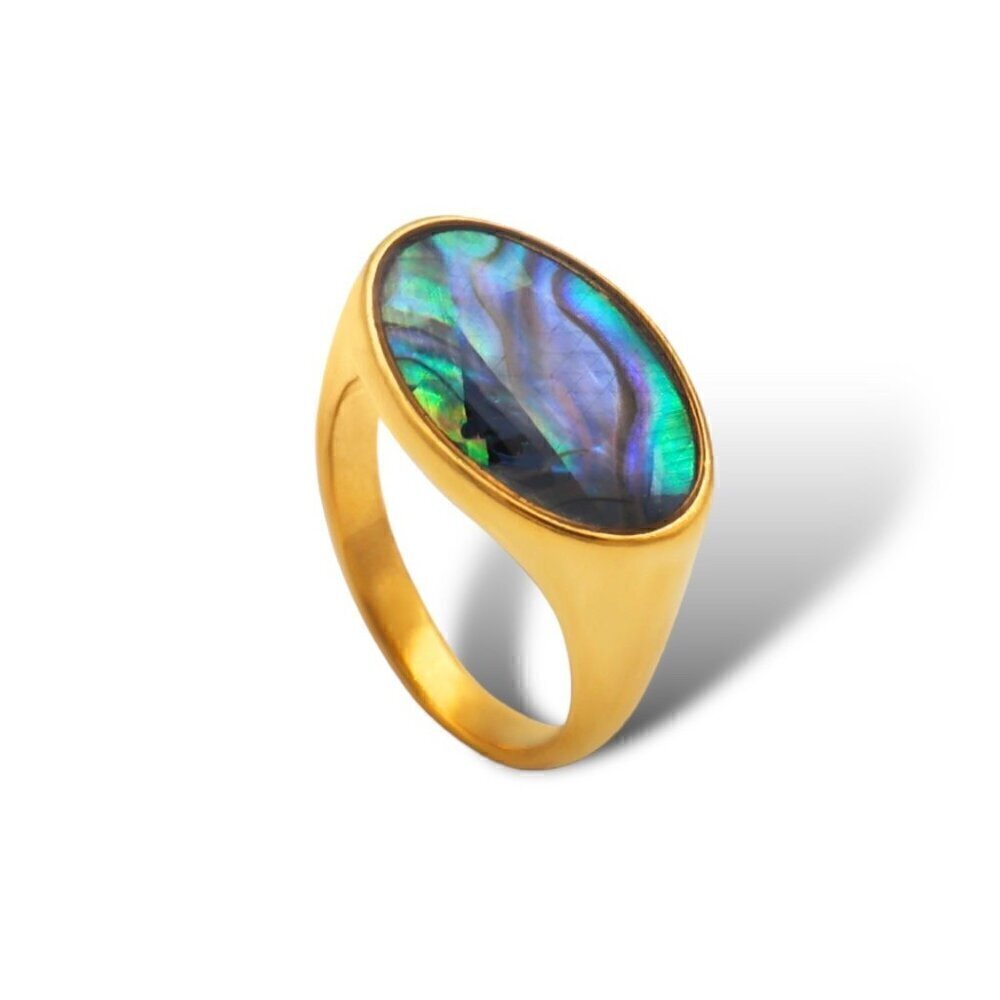 NWT Statement Ring Sz. 8 18K Gold Plated Oval Iridescent Abalone Shell - Picture 2 of 10